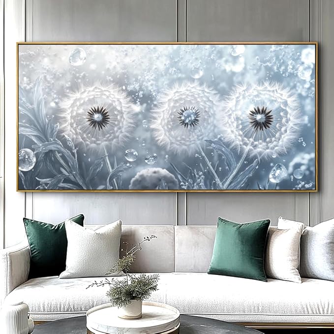 Dandelion Landscape Abstract Wall Art - Large Framed Canvas Painting for Living Room, Bedroom, Modern Artwork Decor - 40x20 Inch Ready-to-Hang