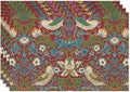 William Morris Floral Placemats Set of 4, Vintage Flower Strawberry Birds Red Place Mats, Heat Resistant Non Slip Cotton Linen Dining Table Mats for Home Kitchen Party 18x12 Inch