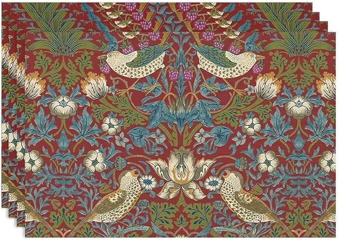 William Morris Floral Placemats Set of 4, Vintage Flower Strawberry Birds Red Place Mats, Heat Resistant Non Slip Cotton Linen Dining Table Mats for Home Kitchen Party 18x12 Inch