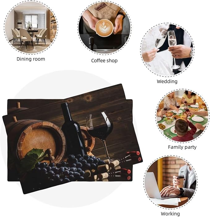 Red Wine Linen Placemats Set of 6 Vintage Wooden Wine Barrels Modern Art Placemat Indoor Outdoor Party Home Desktop Kitchen Dining Room Decoration 12x18 Inch