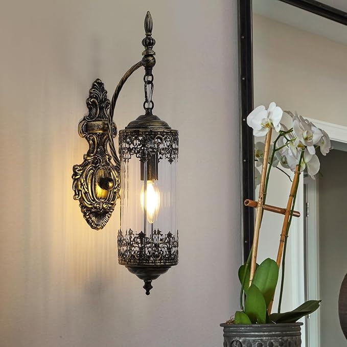 Rustic Glass Wall Sconce Mini Vintage Antique Gothic Wall Light Fixture Retro Farmhouse Mid Centry Lantern Wall Sconce for Bedroom, Hallway, Living Room, Mirror, Brush Gold, E12