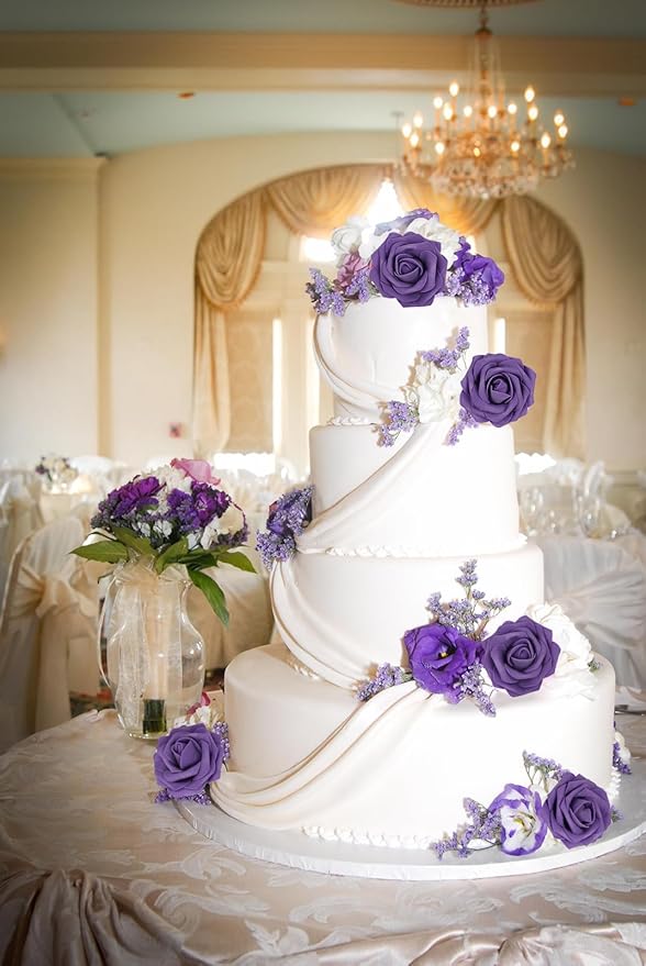 Purple Roses 50PCS Artificial Foam Flowers with Stems Fake Roses Real Looking Purple Flowers for Bridal Shower Centerpieces Wedding Bouquet Table Decorations for Party (Purple)