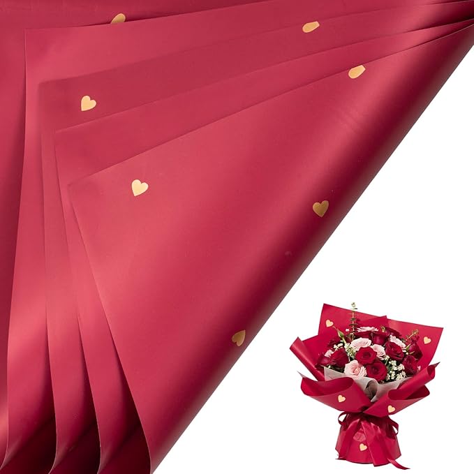 LeZakaa 20 Sheets Flower Wrapping Paper, Red with Gold Heart Design Waterproof Floral Bouquet Paper for Valentine's Day, Wedding, Anniversary Romantic Gift Packaging