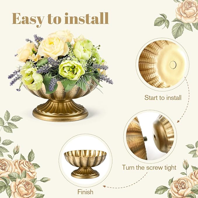 Set of 4, 7'' Wide 3.94'' High Distressed Gold Compote Pedestal Vases, Vintage Antique Urn Gold vases for Centerpieces, Metal Compote Bowl Vase for Wedding Centerpieces