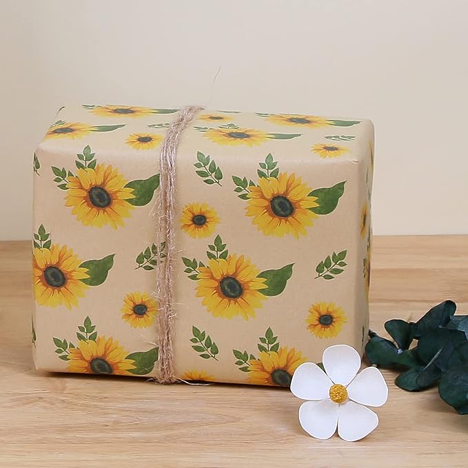 Aimyoo Kraft Floral Wrapping Paper Jumbo Roll, All Occasion Sunflower Flower Gift Wrap Paper for Wedding Bridal Shower Birthday, 17 in x 60 ft