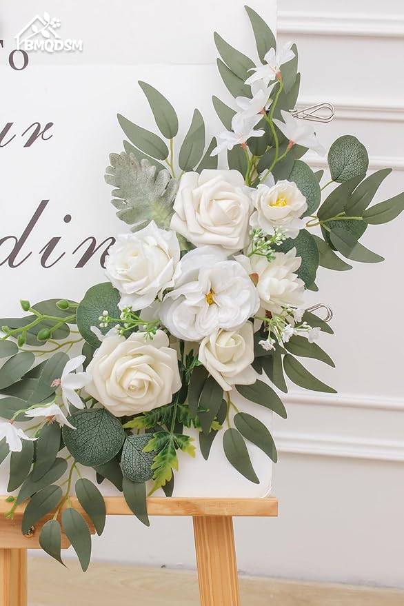 Wedding Arch Faux Flowers Set of 2, Welcome Sign Floral Decoration and Wedding Signs for Ceremony Reception Table Home Decoration (2ps White)