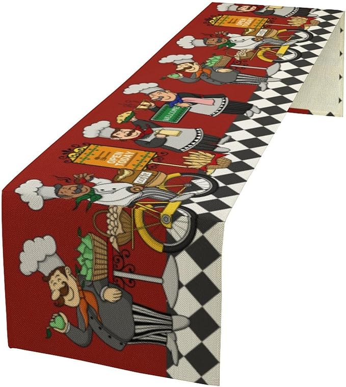 Retro Chef Table Runner,Farmhouse Burlap Table Runners for Party Wedding, Chef Decorations for The Kitchen, Chef Kitchen Decor 13x60in
