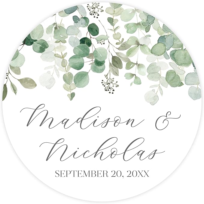 Personalized Floral Wedding Stickers with Your Choice of 30 Flower Styles - Choose Font and One of Five Pre-made Phrases or Add Custom Text (001 - Eucalyptus)