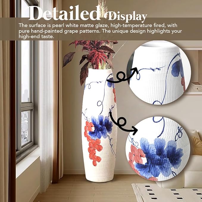 Tall White Floor Vase 32 inches, Thick Ceramic Rustic Vases Large for Home Decor Living Room, Painting Blue Grape Decorative Vases Wide Mouth Opening Corner Vase for Pampas Grass