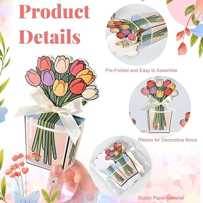 Tizee 3D Floral Gable Boxes with Ribbon - Mini Gift Bags for Party Favors, Birthday, Wedding, Mothers Day, Cookies, Candy, and More (20 Pack)