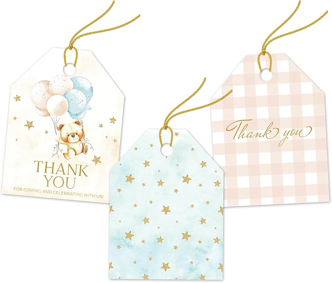 Pro Supply Global 24 Count of 2.5 Inch x 3 Inch Pre Strung Teddy Bears Gift Tag Assorted Printed Designs on Large Cardstock Gift Hang Tags - Ideal to Use on Bags