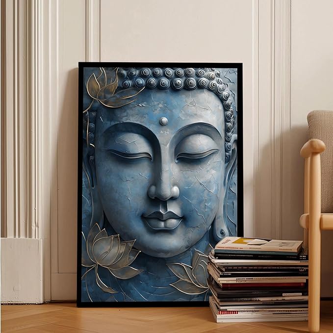 Canvas wall art Golden lotus crown Serene Buddha poster Ethereal blue toned art with delicate floral decor Zen wall art for a tranquil meditation space 8x12in Metal blackFramed