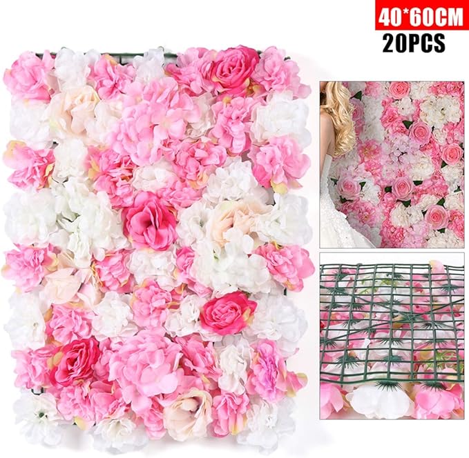 20pcs 24" x 16" Artificial Flower Wall Panel Background,3D Silk Hydrangea Rose Flowers Wall Backdrop for Wedding Party Event Photo Stage Backdrop Wall Decor (Deep Pink Champagne)