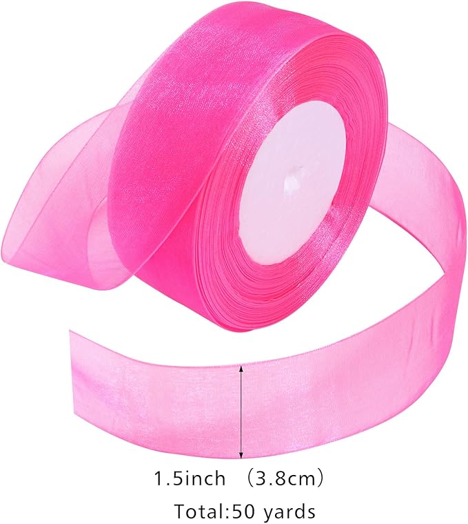Hot Pink Ribbon for Gift Wrapping 1-1/2 inch Sheer Organza Ribbon for Flower Bouquet Tulle Chiffon Ribbons for Wedding Invitations Christmas Decorations Crafts 50 Yards