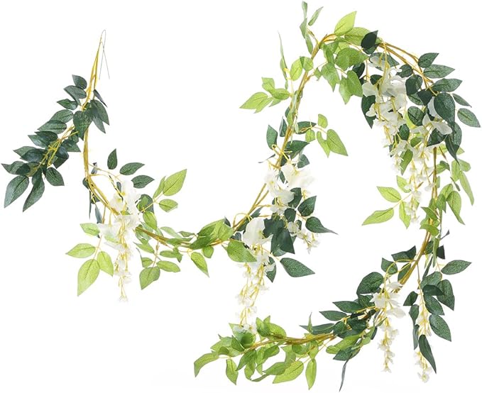 2Pcs 6.6Ft Artificial Flowers Vines Silk Wisteria Artificial Garlands Fake Hanging Green Leaf Flower Ivy Vines for Home Garden Wedding Arch Decor, White