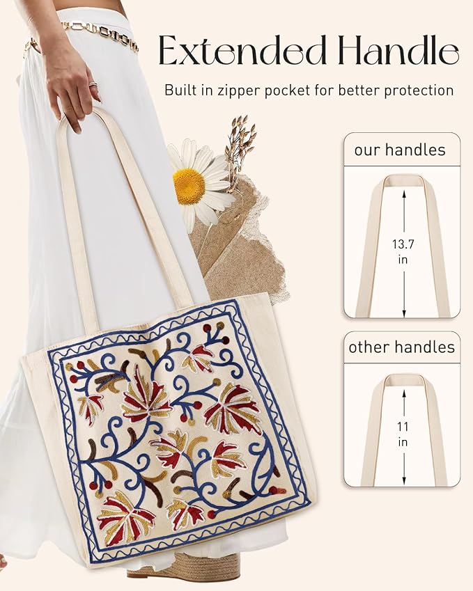 Aesthetic Embroidery Tote Bag for Women - Reusable Canvas Cute Shoulder Bag for Shopping, Grocery, Work, Book