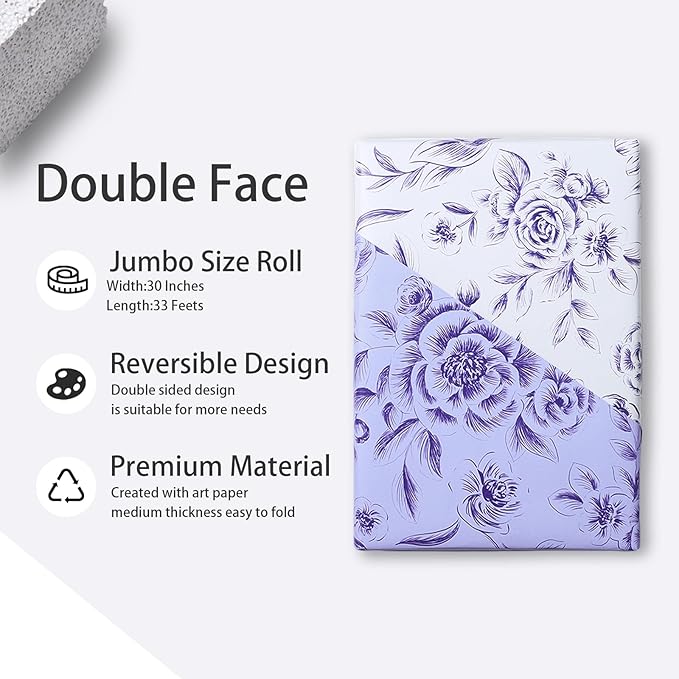 WRAPAHOLIC 30 Inch Reversible Floral Wrapping Paper Roll - 30 Inch x 33 Feet - Purple Flower Wrapping Paper for Wedding, Bridal Shower, Mother's Day, Birthday, Baby Shower