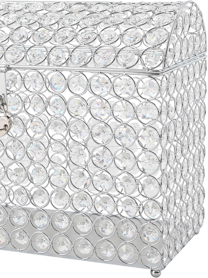 Crystal Wedding Card Box With Heart Lock Silver Treasure Chest Money Card Box Gift Decorative Memory Box for Wedding Birthday Graduation Party Decoration