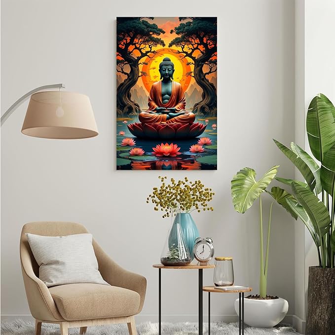 Canvas wall art Golden Buddha on lotus at sunset Ancient trees with reflections on water Serene meditation scene Uplifting wall art for mindfulness and tranquil home decor 28x40in Wood Framed