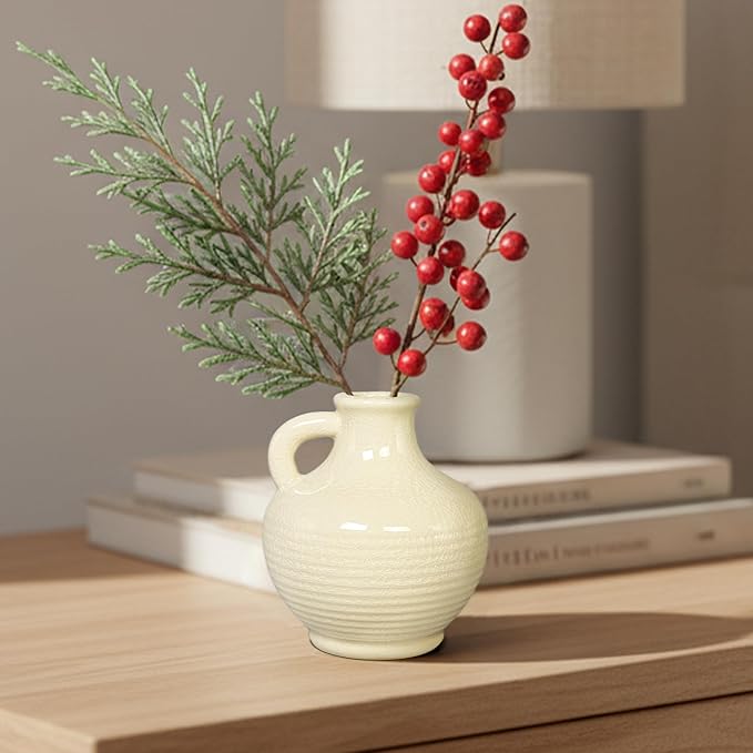 Sunddo White Ceramic Vase 6 Inch - Small Modern Flower Vase for Home Decor, Decorative Vases with Handle, Boho & Minimalist, Living Room Cabinet Table Centerpieces Wedding Beige