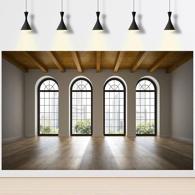 Empty Room Backdrop Concrete Walls Wooden Floor with Big Arched Windows Dance Photography Background Empty Loft Style with Brick Wall Photography Party Decorations Photo Studio Props 20x10ft