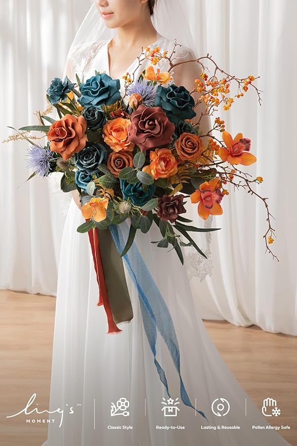 Ling's moment Teal Bridal Bouquet, Burnt Orange Wedding Bouquets for Bride, 15 Inch Silk Free Form Bridal Bouquets Artificial Wedding Flower Bouquet