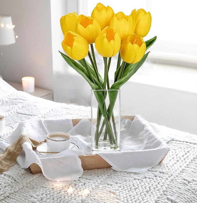 Briful Fake Flowers Artificial Tulip Flower in Clear Vase, Yellow Real Touch Foam Tulip Arrangement Suitable for Home Office Decoration, Dining Table Centerpiece