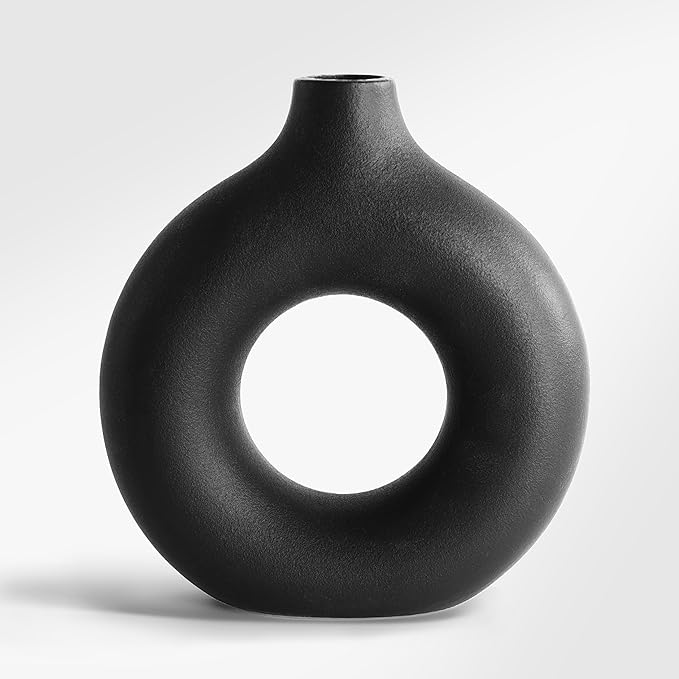 Black Doughnut Vase, Modern Minimalist Hollow Ceramic Vase for Pampas Grass, Dried Flowers, Farmhouse Bohemian Style, 5.7 Inch Small Flower Vases for Home Decor, Living Room, Table, Shelves