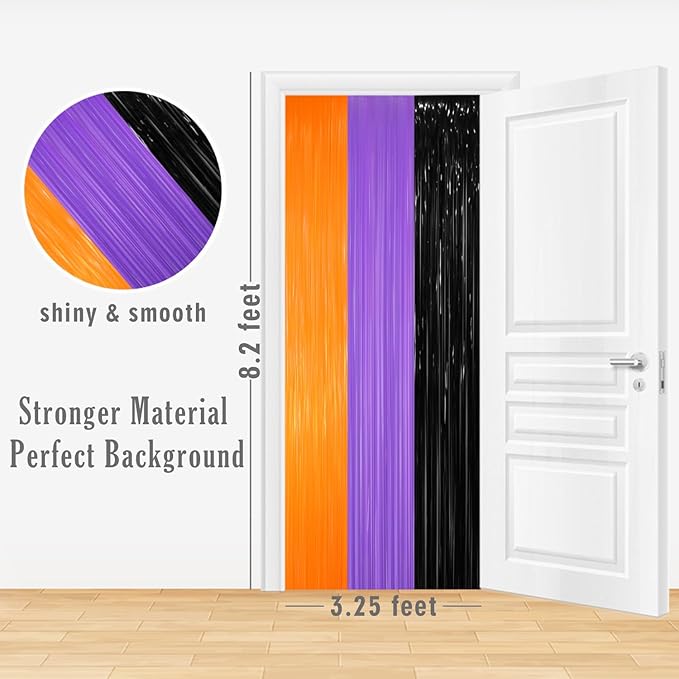 GOER 3.2 ft x 8.2 ft Metallic Tinsel Foil Fringe Party Backdrop for Halloween Birthday Graduation New Year's Party Decorations(4 Packs,Black&Orange&Purple)