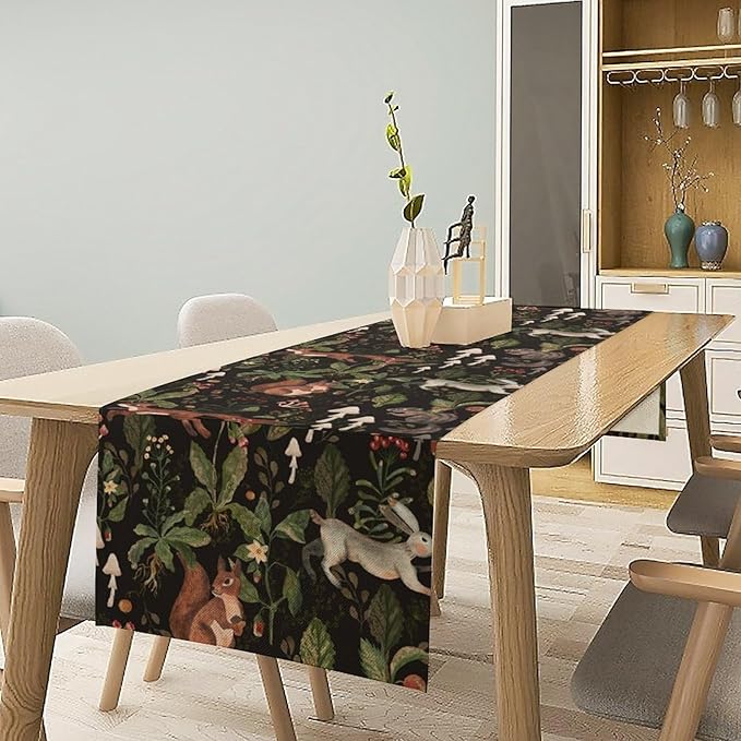 Rustic Woodland Table Runner, Rustic Forest Wild Animals Bunny Rabbit Squirrel Mushroom Plants Table Runner for Holiday Farmhouse Kitchen Dining Table Decor, 13x60inch