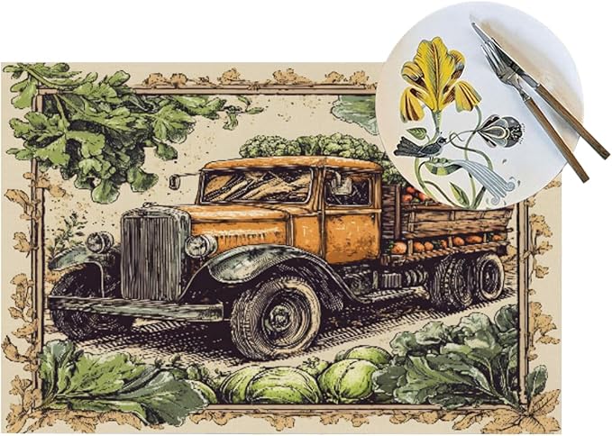 PVC Placemats Set of 4 Wipeable Table Mats Washable Heat Resistant Non Slip Vinyl Dining Table Mat for Kitchen Indoor Outdoor Patio Farmhouse Place Mats Retro Fall Truck Decorative