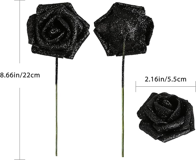 Black Flowers Glitter Rose 30 Pcs Artificial Flowers Glitter Flowers Foam Roses with Stem Faux Flowers for DIY Wedding Bridal Bouquet Party Centerpieces Decor(Black)