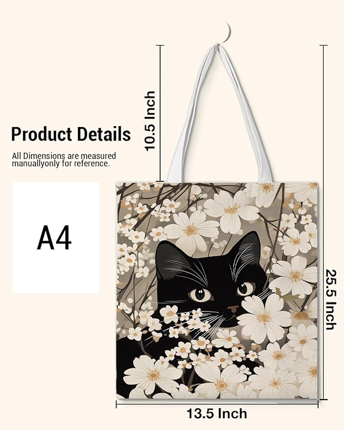 Floral Cat Print Canvas Tote Bag for Women Cat Lovers Kitten in White Flowers Reusable Grocery Shoulder Bag for Shopping Work Beach Travel Aesthetic Totes Gifts