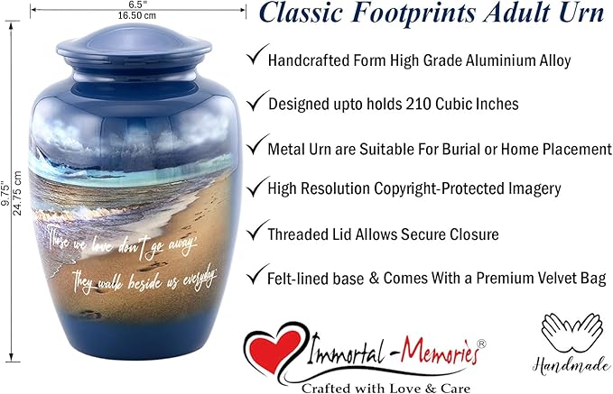 Footprints Cremation Urn - Ocean Blue Memorial Urn with Beach & Waves – Full-Size Handcrafted Metal Funeral Urns for Men & Women’s Ashes (Up to 210 lbs) – A Beautiful Tribute for Ocean Lovers