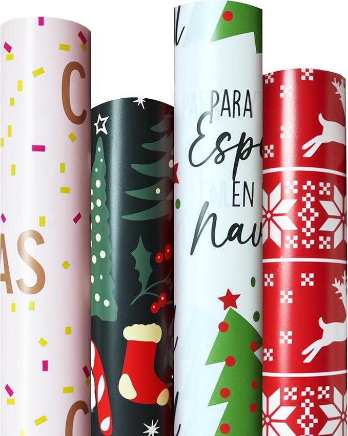 4 Rolls Christmas Wrapping Paper Rolls, 17 Inch x 16.5 Feet per Roll, Totaling 94 sq. ft. – Reindeer, Tree, Snowflake & Pink Letter Designs, Eco-Friendly & Durable Gift Wrap for Christmas Presents and Holiday Decorations
