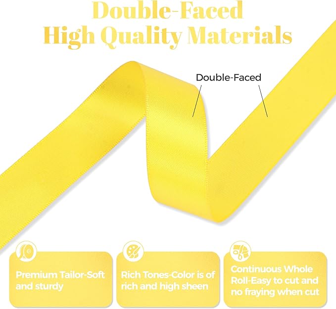 Daffodil Yellow Satin Ribbon, Double Faced 7/8 Inch X 25 Yards Daffodil Ribbon, Premium Satin Ribbon for Gift Wrapping, Crafts, Hair Bow Making, Sewing, Flower Bouquet, Wedding Party Decor