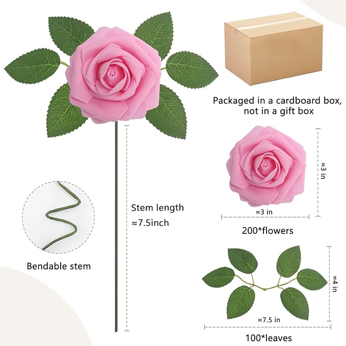 Artificial Flowers Roses Real Looking Foam Fake Roses with Leaves and for DIY Wedding Bouquets Bridal Shower Centerpieces Party Decorations (Dark Pink, 200)
