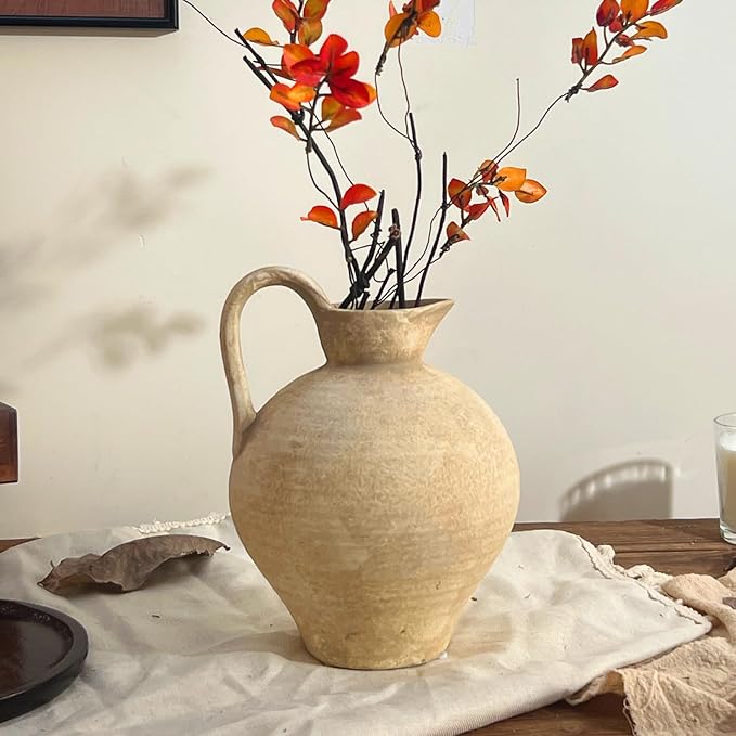 Ceramic Rustic Farmhouse Vase with Handle, 8.7 Inch Beige Vintage Vase, Rustic Ceramic Pottery for Home Decor, Farmhouse Decor Centerpiece for Kitchen, Living Room, Entryway