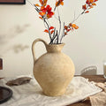 Ceramic Rustic Farmhouse Vase with Handle, 8.7 Inch Beige Vintage Vase, Rustic Ceramic Pottery for Home Decor, Farmhouse Decor Centerpiece for Kitchen, Living Room, Entryway