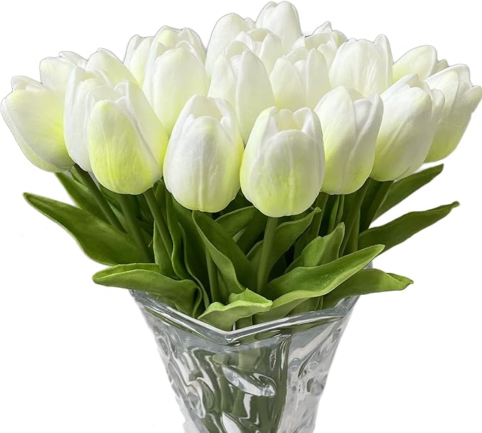 UKELER 24 Pcs Tulip Artificial Flowers White&Green Real Touch PU Tulip Flowers for Floral Arrangement Centerpiece Wedding Bouquet Table Decoration Birthday Mother Gift