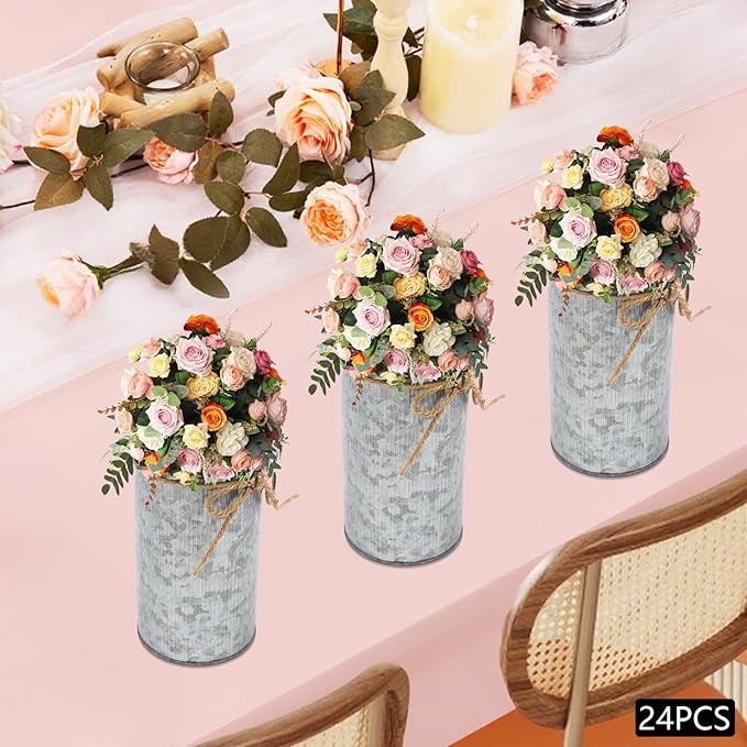 6inch High Farmhouse Vase Decor,Vintage Flower Vase with Twine Bow Rustic Metal Buckets for Artificial Flowers for Table Centerpiece Weddings