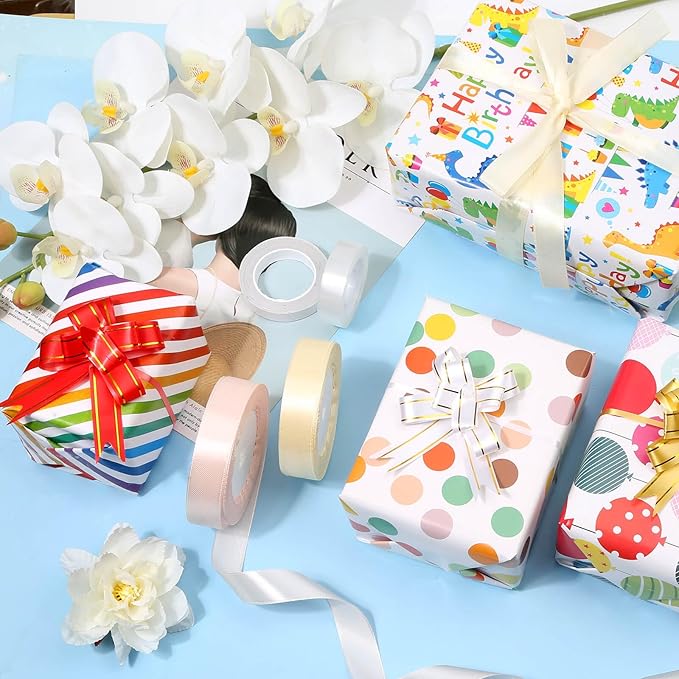 Tidponra Birthday Wrapping Paper Sheets Set, 14 Sheets Folded Flat Gift Wrapping Paper with Ribbon, Bows and Tape for Party, 19.7 in. X 27.5 in. Per Sheet
