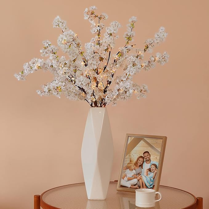 Sunm Boutique 3 PCS Silk Cherry Blossom Branches, Lighted Brown Twig Branches, Artificial White Cherry Blossom Flower, Cherry Blossom Stems Decor Faux Cherry Blossom Tree for Wedding Home Decor, 39'