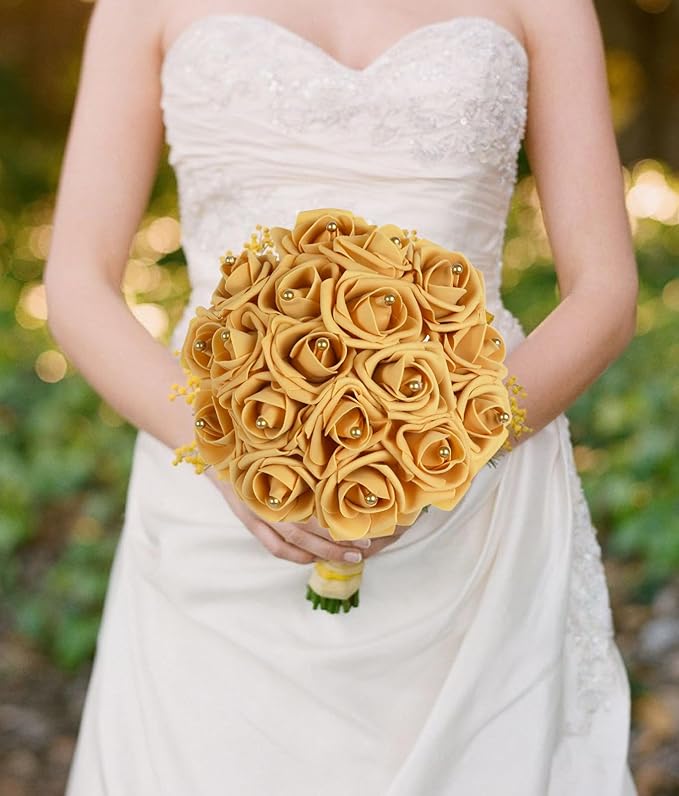 Foam Roses with Pearls 2.56in 50PCS Gold Roses Artificial Flowers Bulk Foam Flowers with Stem for Wedding, Bridal Shower, Cake, Graduation and Home Decor(Gold)