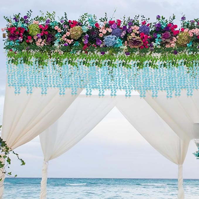Artificial Wisteria Hanging Flowers Fake Wisteria Flower Garland Silk Vines Rattan Decor for Home Wedding Arch Wall Garden Greenery Bedroom Outdoor Office Party Decoration (12, Blue)