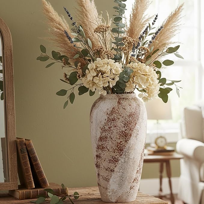 Vintage Ceramic Vase, Minimalist Texture Stone Patterned White Flower Vase, Decorative Vase for Living Room Shelf Farmhouse Dining Table Centerpiece Decor (Rustic 13.7'')