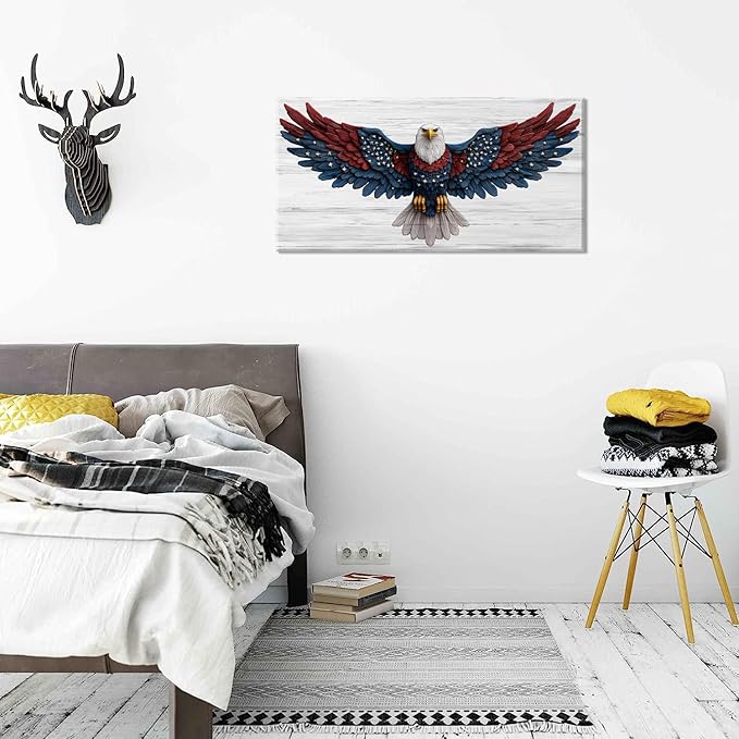 Bald Eagle Canvas Wall Art American Eagle Wall Décor -American Bald Red Blue Flag Canvas Wall Art Usa Independence Day Prints Painting Ready to Hang for Living Room, Bedroom, Office, Dorm 30L" x16''