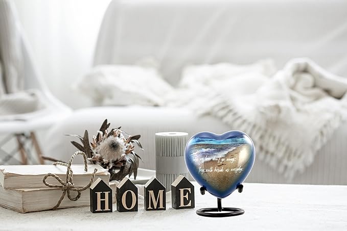 Footprints Heart Keepsake Urn - Footprints Mini Cremation Urn for Ashes - Miniature Beach Sharing Urns - Memorial Blue Beach Urn with Dispaly Stand, Premium Box & Velvet Bag (Heart Keepsake)