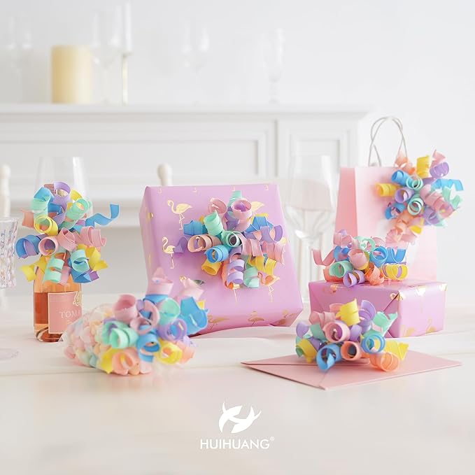 HUIHUANG Pastel Curly Ribbon Bows Pastel Bows for Gift Wrapping, Self Adhesive Burst Gift Bow for Presents, Birthday, Holiday Party Favors, Wine Bottle, Treat Bags- 6 Counts