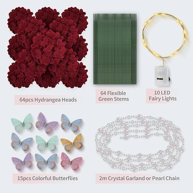 64PCS Artificial Hydrangea Flowers with Stems, Silk Hydrangea Heads with LED Decorative Lights, Crystal Strings & Butterfly Accents for Wedding Centerpieces and Home Decor(64, Burgundy)